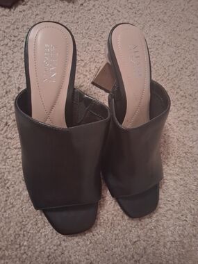 Alfani Black Leather Open-Toe Block Heel Mules
